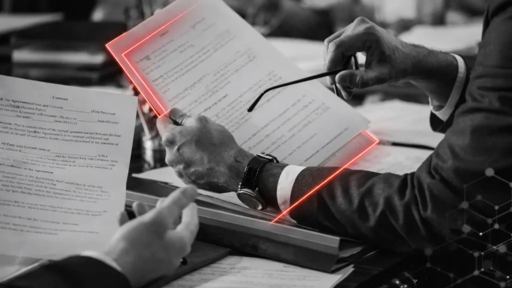 Ejecutivos analizando un contrato para estructurar una fianza empresarial con criterio