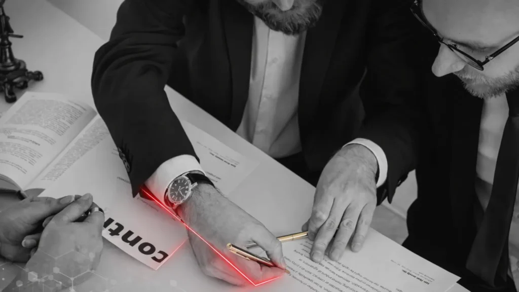 Ejecutivos revisando documentos contractuales relacionados con la ejecución de una fianza.