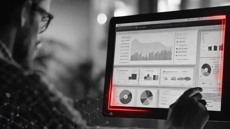 Ejecutivo revisando un dashboard de ventas y cartera de clientes en computadora, análisis de riesgo comercial y exposición a crédito.
