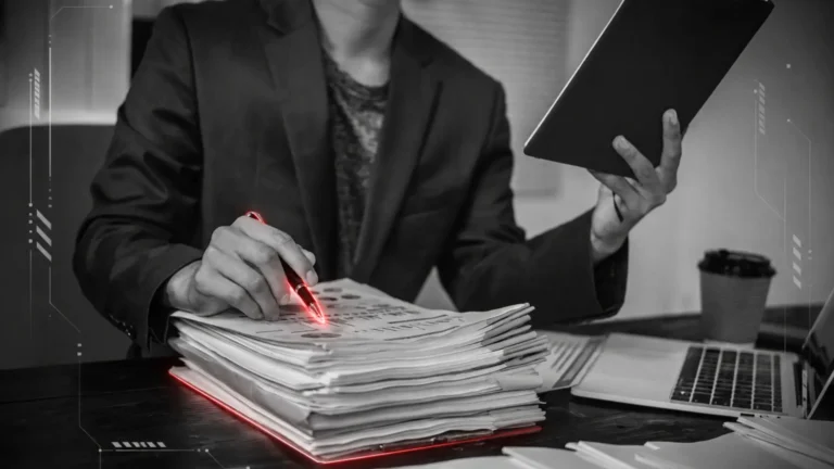 Ejecutivo revisando documentos relacionados con distintos tipos de fianzas empresariales.